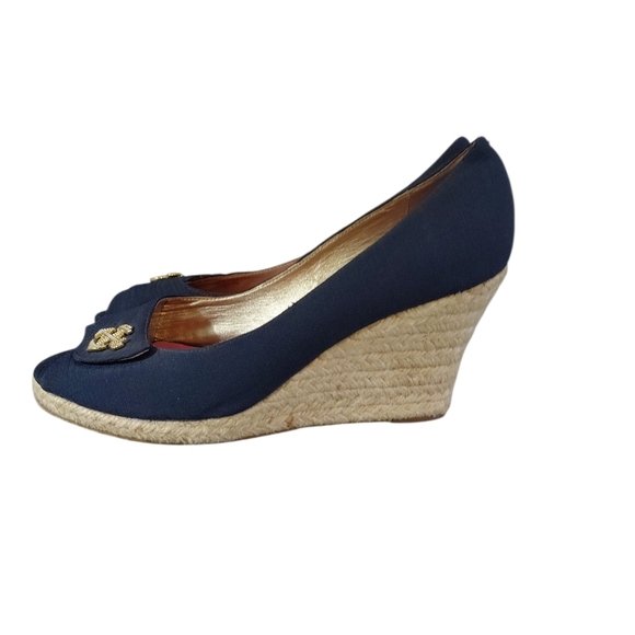 Lilly Pulitzer Blue Canvas Espadrille Wedge Peep Toe Nautical Shoes Size 9 - Picture 7 of 11